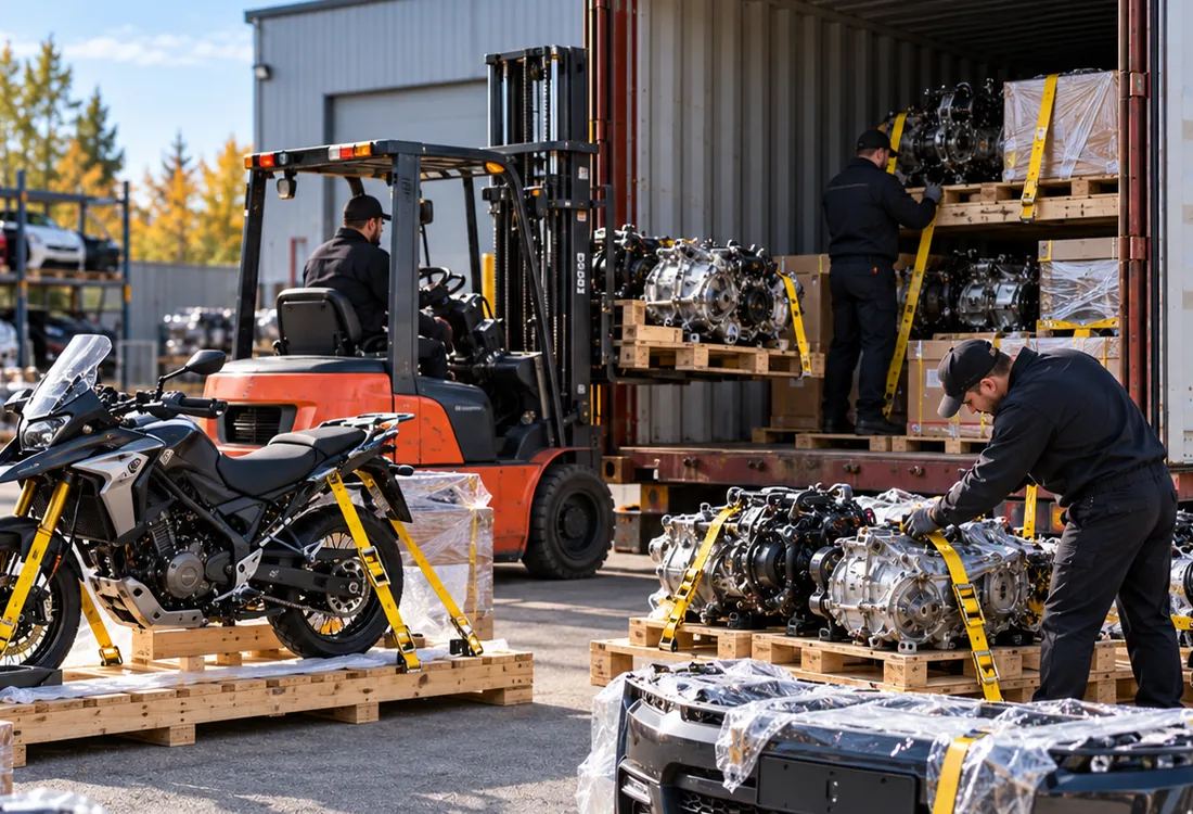 Illustration : chargement de pièces automobiles en conteneur