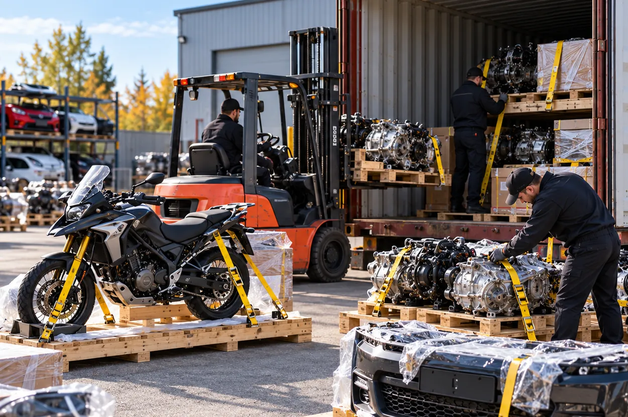 Illustration de préparation de pièces automobiles en conteneur